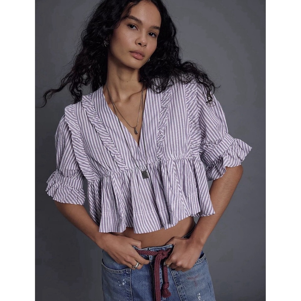 NWT Free People We The Free Miley Cotton Top XL Striped Ruffle Boho Cottage